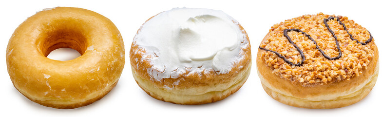 Various donuts,Donuts dough with sugar, Donuts with cream and Nutty Donuts dough on White background,  Three Donuts isolate on white background with clipping path.