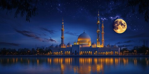Mosque's Night Beauty: Illuminated Dome, Minaret, and Starry Sky Reflecting on Water