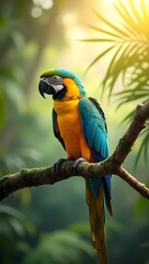 Obraz premium Beautiful ara macaw parrot looking around in tropical rainforest scenery