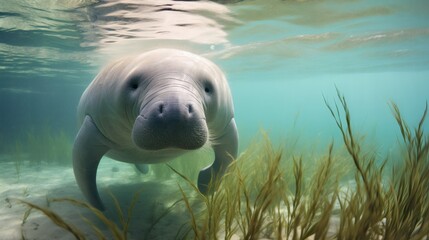 Naklejka premium Manatee swims gracefully through clear water filled with seagrass in a natural habitat during a sunny day