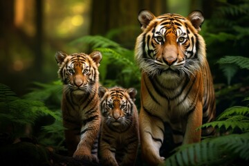 Majestic tigers roaming through a lush forest in the golden light of dawn. Generative AI