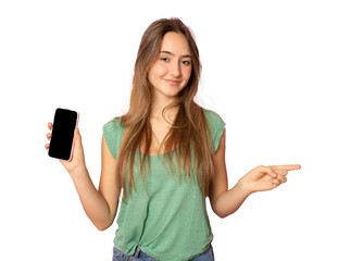 Stylish girl showing empty mobile phone screen and looking pleased, recommending application for smartphone, demonstrating shopping site over transparent background. PNG transparent
