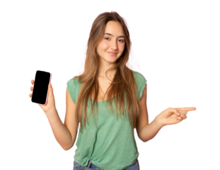 Stylish girl showing empty mobile phone screen and looking pleased, recommending application for smartphone, demonstrating shopping site over transparent background. PNG transparent