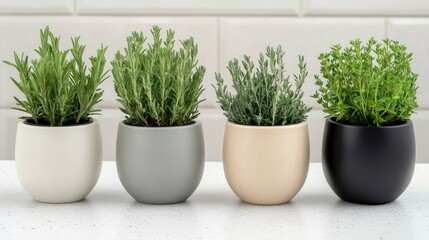Fototapeta premium Four potted herbs on kitchen counter
