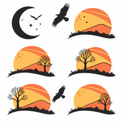 9 setting icons of sunset, various shaped, various behavior white background