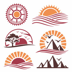 9 setting icons of sunset, various shaped, various behavior white background
