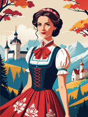 Fototapeta premium lady in traditional dress and medieval background vector illustration