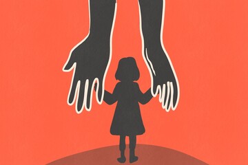 Child standing in front of large hands on an orange background symbolizing protection and care in a creative illustration