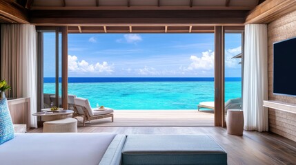 Fototapeta premium a bedroom with a large window overlooking the ocean