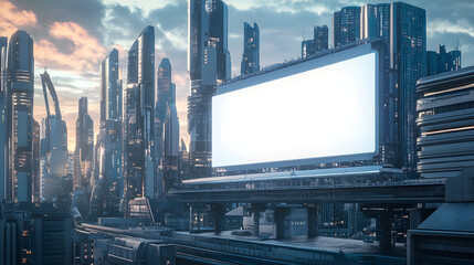 white billboard mockup on an elevated platform in a futuristic cityscape 