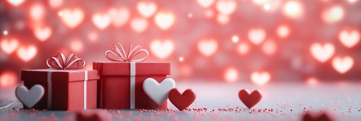Naklejka premium Two red gift boxes with white hearts on a soft background filled with sparkling heart-shaped bokeh, creating a romantic atmosphere.