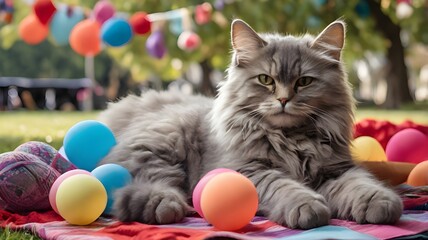 A fluffy gray cat lounging on a colorful picnic blanket surrounded by balloons and pet toys in a park.


