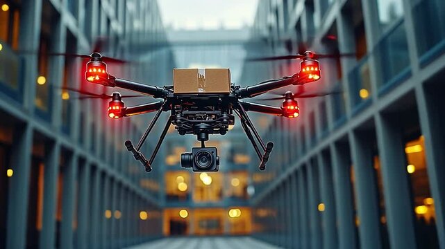 Delivery drone flying through urban buildings with package just before dusk