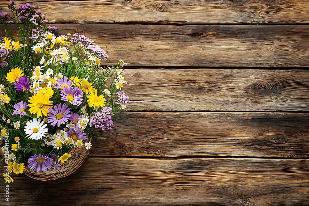 Wall mural A Stunning Bouquet of Flowers in a Basket on Rustic Wood