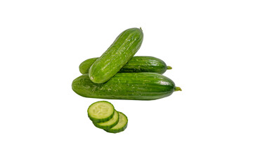 The cucumber is cut in half and has a slice missing. There are three more cucumbers in the image. Cucumbers on a transparent background in png format.