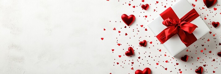 A beautifully wrapped gift box with a red ribbon, surrounded by scattered red hearts, perfect for celebrating love and special occasions.