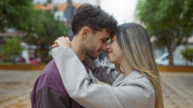 Young couple embracing outdoors in a city street, sharing a tender moment and enjoying each other's company in an urban park setting during daytime, showcasing love and togetherness.