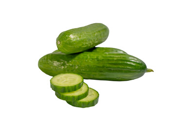 Three cucumbers are on a white background. One of the cucumbers is cut in half. The other two cucumbers are intact. Cucumbers on a transparent background of PNG format.