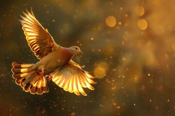 Fototapeta premium Dove with spread wings illuminated by a magical golden light is flying during a beautiful moment