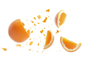 Three oranges are shown in different stages of being peeled. ,on transparent background.
