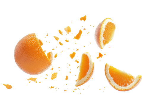 Three oranges are shown in different stages of being peeled. ,on transparent background.
