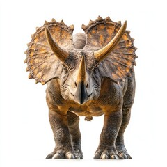 Fototapeta premium Triceratops dinosaur, prehistoric creature, facing forward, isolated white background; educational, children's book
