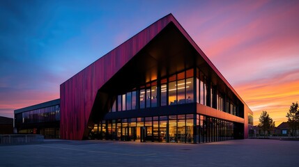 Obraz premium Modern building sunset; business architecture. Website banner image