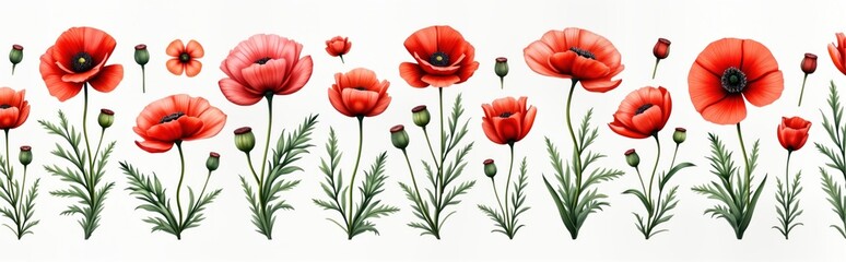 Fototapeta premium Watercolor illustration of red poppies. Botanical floral design. Seamless pattern. Beautiful flowers on white background. Perfect for spring summer themes. Various poppies, leaves. Red, green colors.