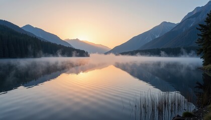Fototapeta premium Golden Sunset on Tranquil Lake Reflects Misty Mountains and Verdant Greens