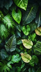Fototapeta premium Dark Green Tropical Foliage Background, Lush Plant Wall Design with Anthurium and Ferns