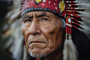 Obraz premium Portrait of native american chief wearing traditional headdress