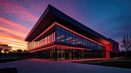 Fototapeta premium Modern building sunset glow, urban landscape, illuminated facade, evening ambiance, architectural design