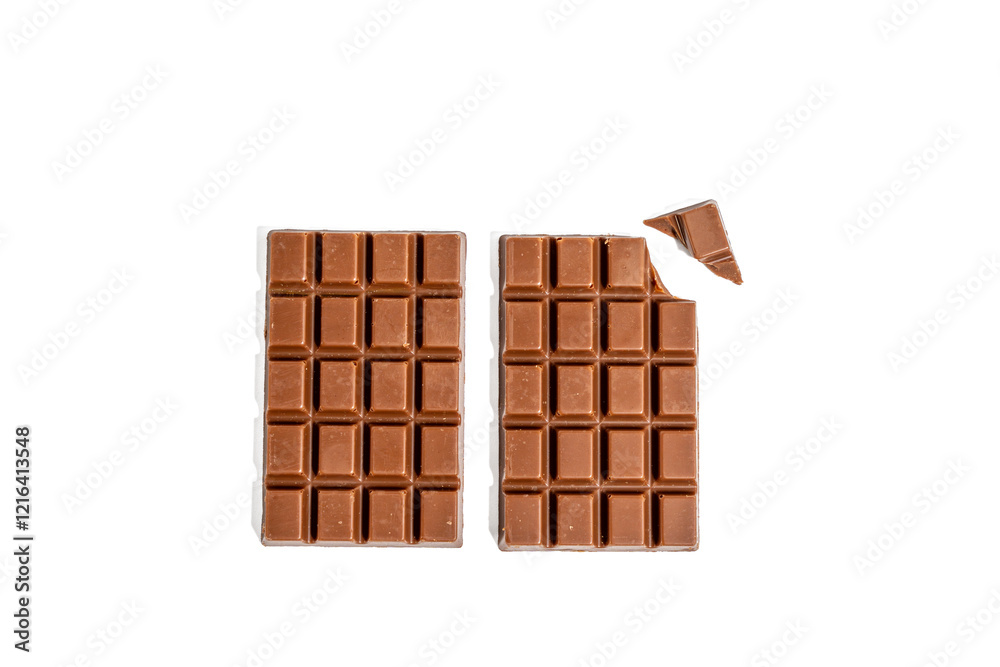 Wall mural Two chocolate bars with one of them are half eaten. The other half is not eaten. Bars are square in shape. Chocolate bar on transparent background png format.