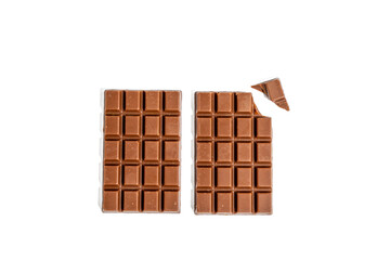 Two chocolate bars with one of them are half eaten. The other half is not eaten. Bars are square in shape. Chocolate bar on transparent background png format.