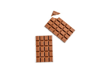 Two chocolate bars with a piece missing. The stripes are brown and have squares. The bars are on a white background. Chocolate bar on transparent background png format.