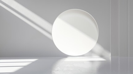 A minimalistic scene featuring a large white circular object on a reflective surface.