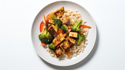 Colorful tofu and vegetable stir-fry served on a bed of rice in a simple bowl setting
