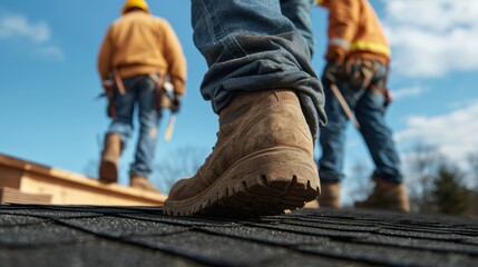 Roofers working on house roof residential area closeup view