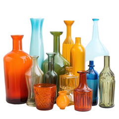 Colorful glass bottles studio shot, white background, home decor