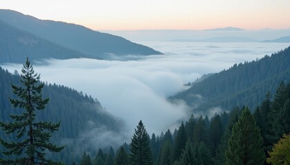 Fototapeta premium Breathtaking Sunset View: Golden Hued Mountains Wrapped in Misty Forests as Dawn Breaks