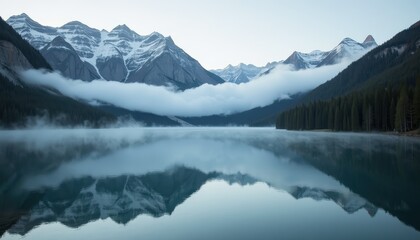 Fototapeta premium Serene Lake Reflects Snow-Capped Mountains Amidst Misting Haze