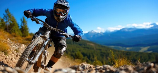 Mountain biker descends rocky trail, stunning vista