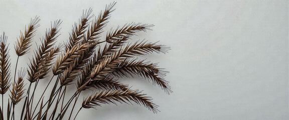A close up of a bunch of dry wheat stalks. The image has a grainy, textured look to it, and the wheat appears to be dried out and withered. Scene is somewhat somber