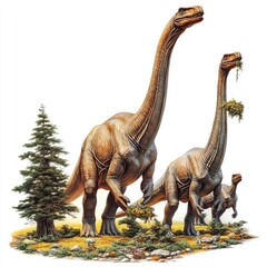 Obraz premium Prehistoric herbivore dinosaurs grazing, Mesozoic Era landscape. Educational illustration