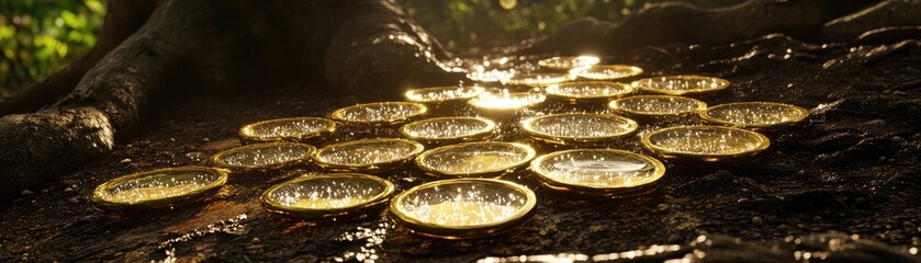 Golden bowls in forest, sunlight path, magical scene, fantasy film