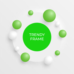 Realistic 3d frame. Cool circle stage with bouncing balls. Abstract vector background green color