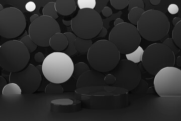 Two black glossy plastic podiums mockup stage for presentation black friday, new year, cosmetic products, goods, advertising. Black, silver circles decor. Template 3D illustration rich, elegant scene.