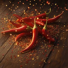 Spicy red chili peppers on wooden table. Food photography for recipe or spice advertisement