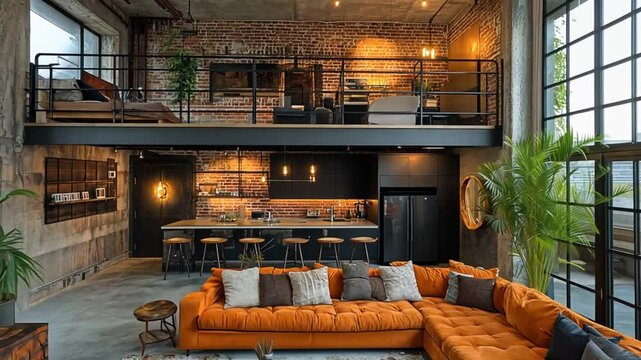 Stunning Industrial Loft Apartment Design: Orange Sofa, Exposed Brick, and Modern Amenities