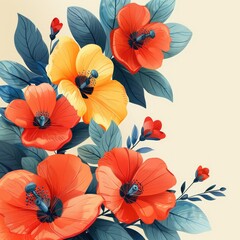 A vibrant floral illustration featuring hibiscus flowers in red and yellow against a light background.